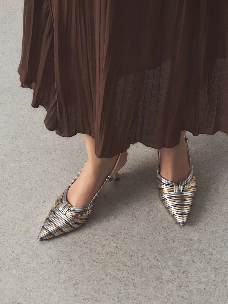 Metallic Textured Pointed Toe Slingback Heels image 3