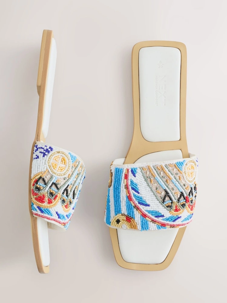 White Beaded Square Toe Mule Sandals image 3