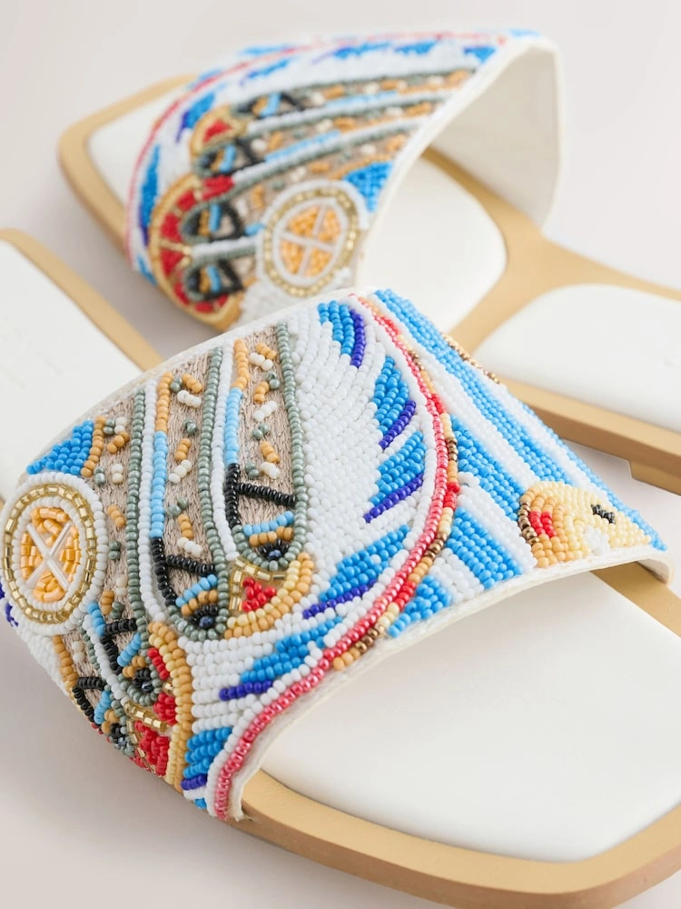 White Beaded Square Toe Mule Sandals image 6