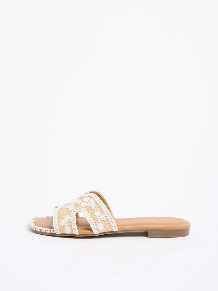 White Cherry Embroidered Raffia Flat Sandals image 3