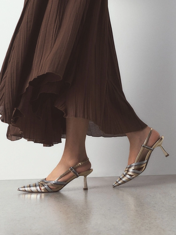 Metallic Textured Pointed Toe Slingback Heels image 2