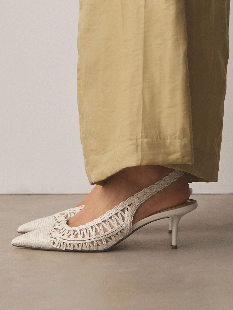 White Raffia Pointed Toe Slingback Heels image 3