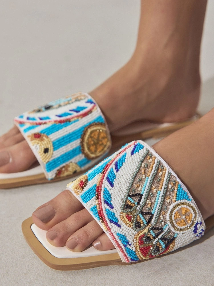 White Beaded Square Toe Mule Sandals image 7