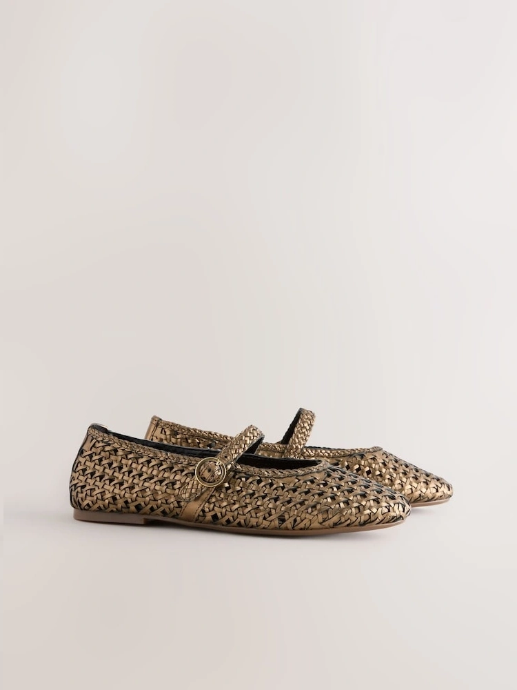 Bronze Woven Leather Mary Jane Flats