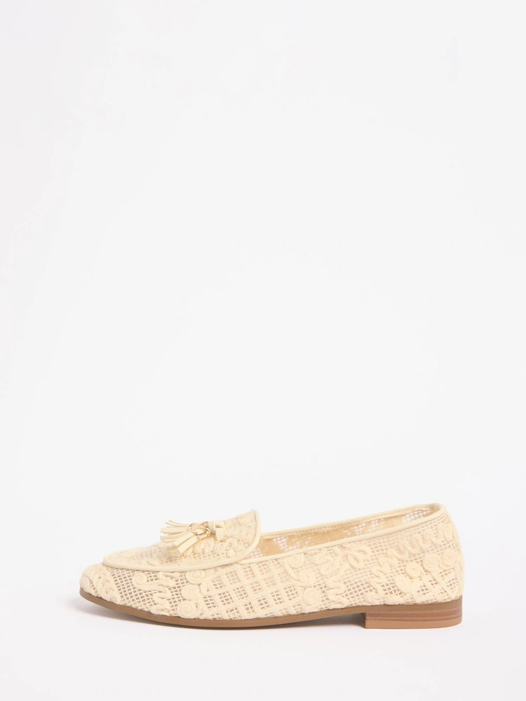 Cream Embroidered Tassel Summer Loafers image 2