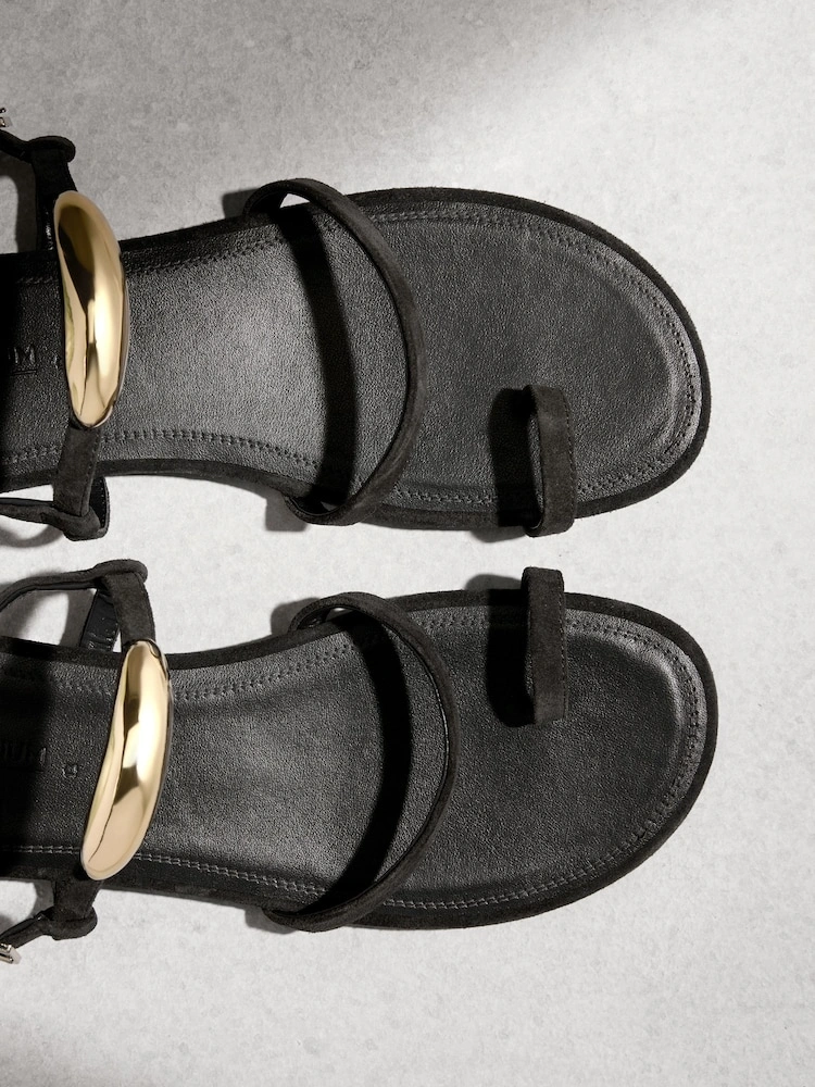 Black Leather Hardware Toe Loop Sandals image 6