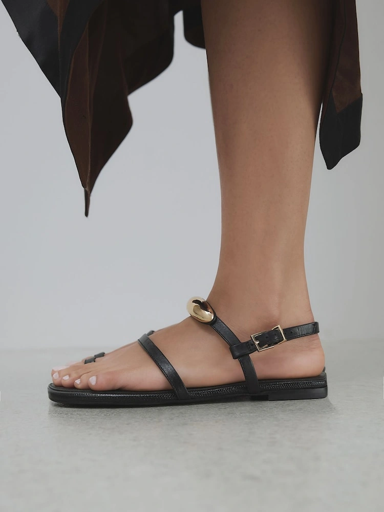 Black Leather Hardware Toe Loop Sandals image 5