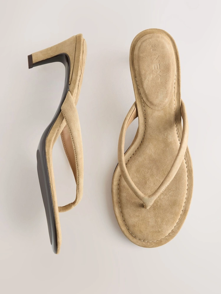 Camel Suede Toe-Post Mid Heel Sandals