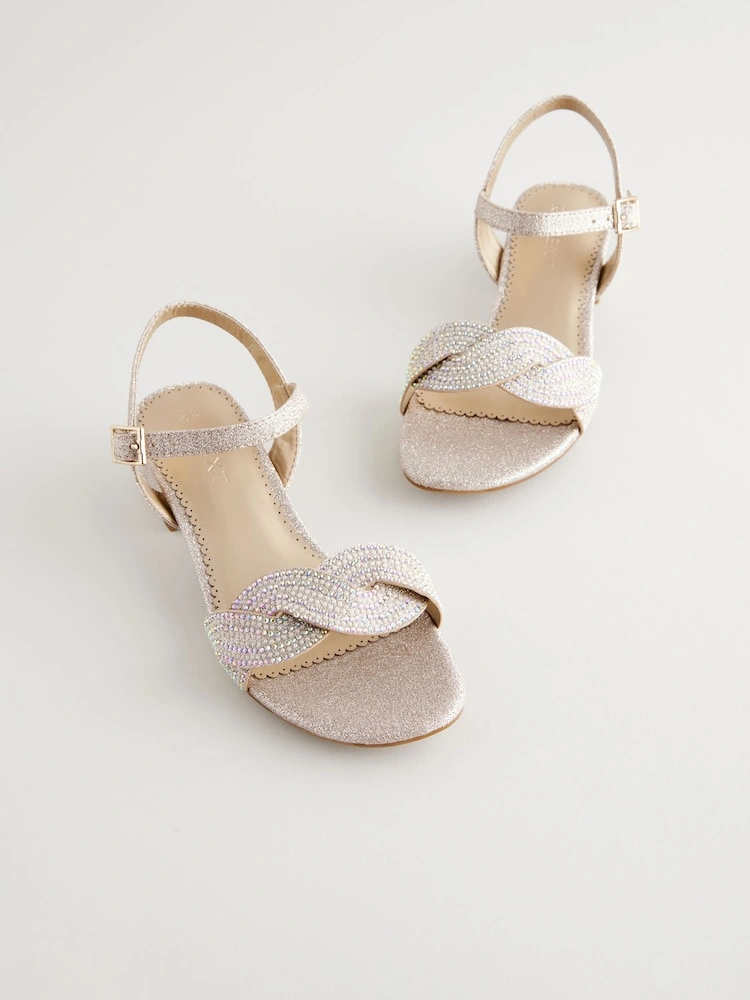 Ivory Glitter Twist Strap Block Heel Sandals