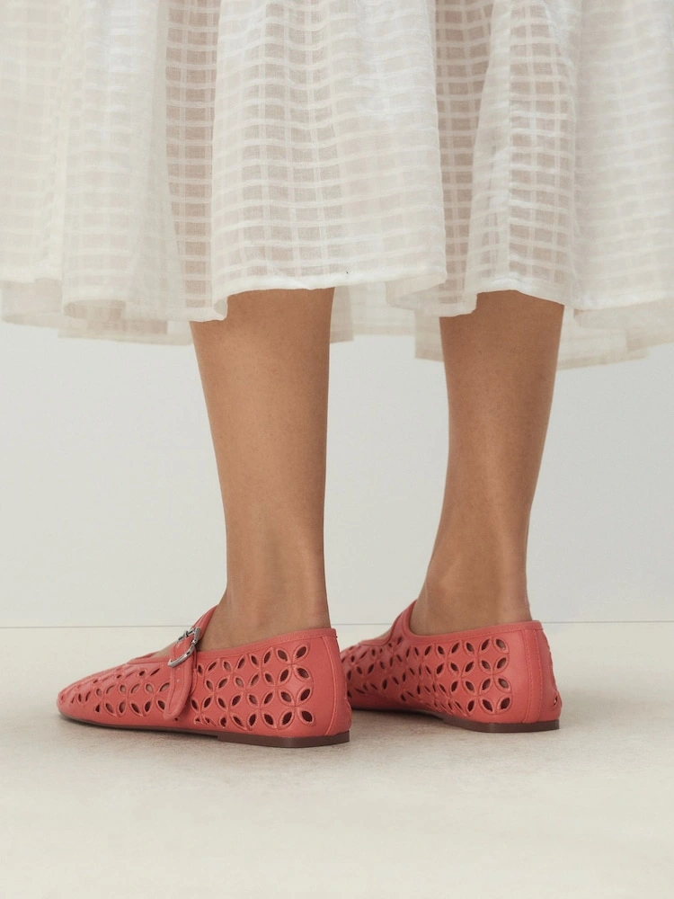 Coral Pink Broderie Round Toe Mary Jane Shoes image 7