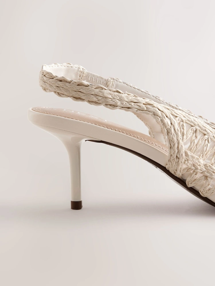 White Raffia Pointed Toe Slingback Heels image 4