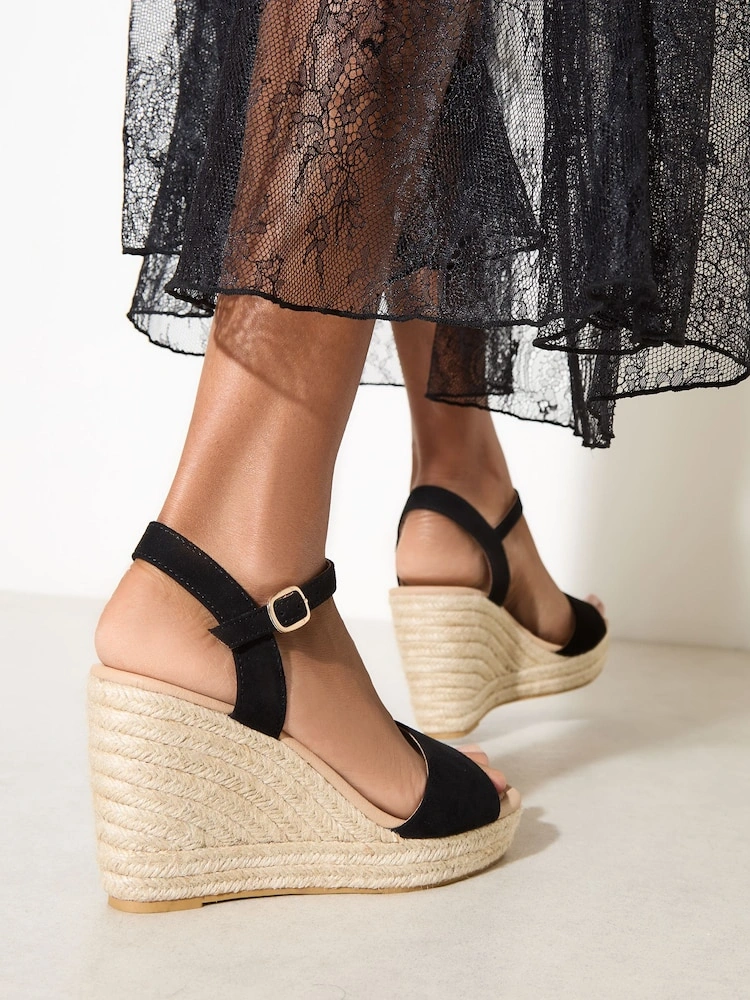 Black Faux Suede Peep-Toe Espadrille Wedge Sandals image 3