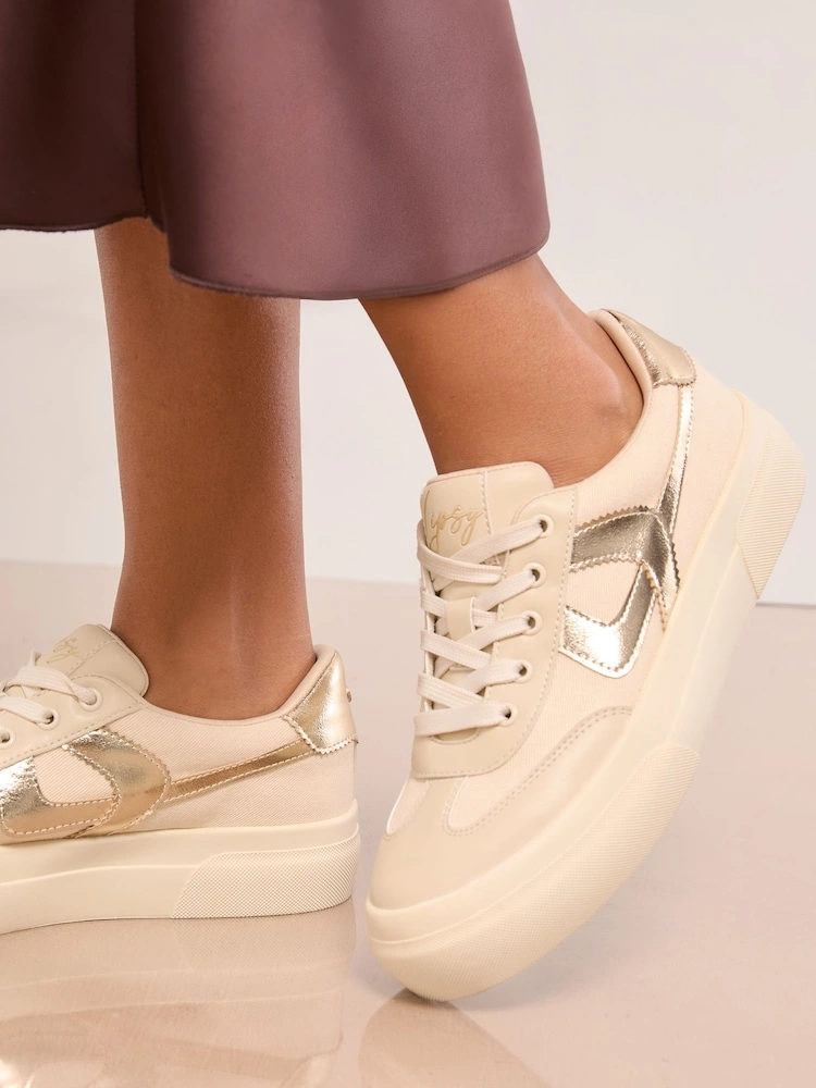 Cream Chunky Canvas Lace-Up Flatform Trainers image 4