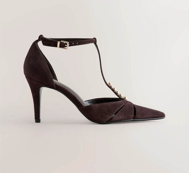 Tan Brown Suede T-Bar Embellished Heels