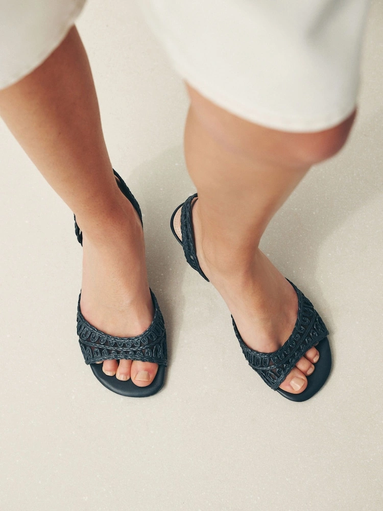 Navy Raffia Peep-Toe Mid Heel Sandals image 6