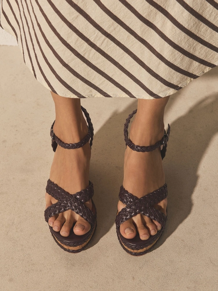 Chocolate Brown Plait Crossover Wedge Sandals image 2