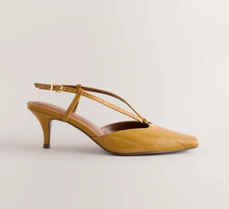 Ochre Yellow Leather Slingback Heels with Hardware Detail