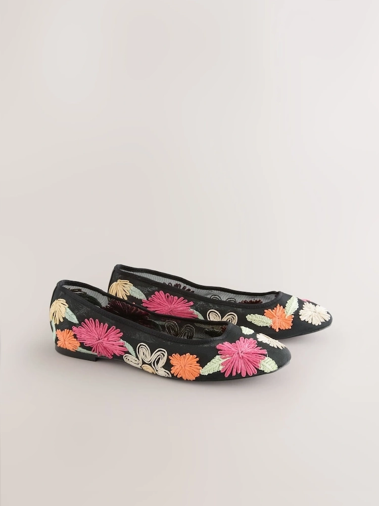 Multi Floral Mesh Embroidered Ballet Flats