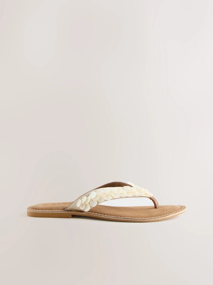 Bone & Cream Shell Detail Thong Sandals image 3