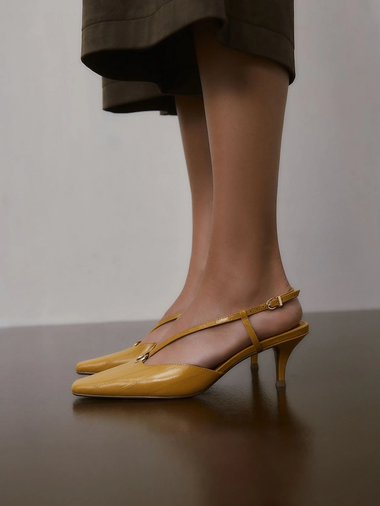Ochre Yellow Leather Slingback Heels with Hardware Detail image 6