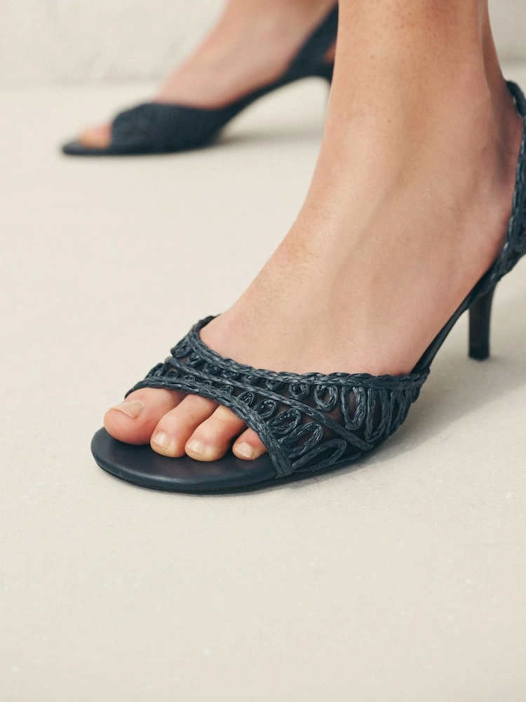 Navy Raffia Peep-Toe Mid Heel Sandals image 2