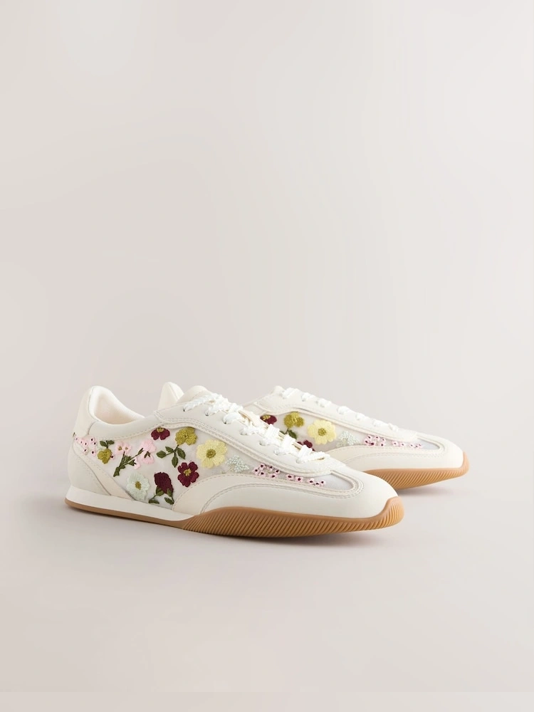 White Floral Embroidered Slim Sole Trainers
