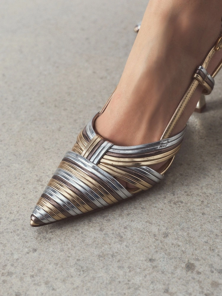 Metallic Textured Pointed Toe Slingback Heels image 4