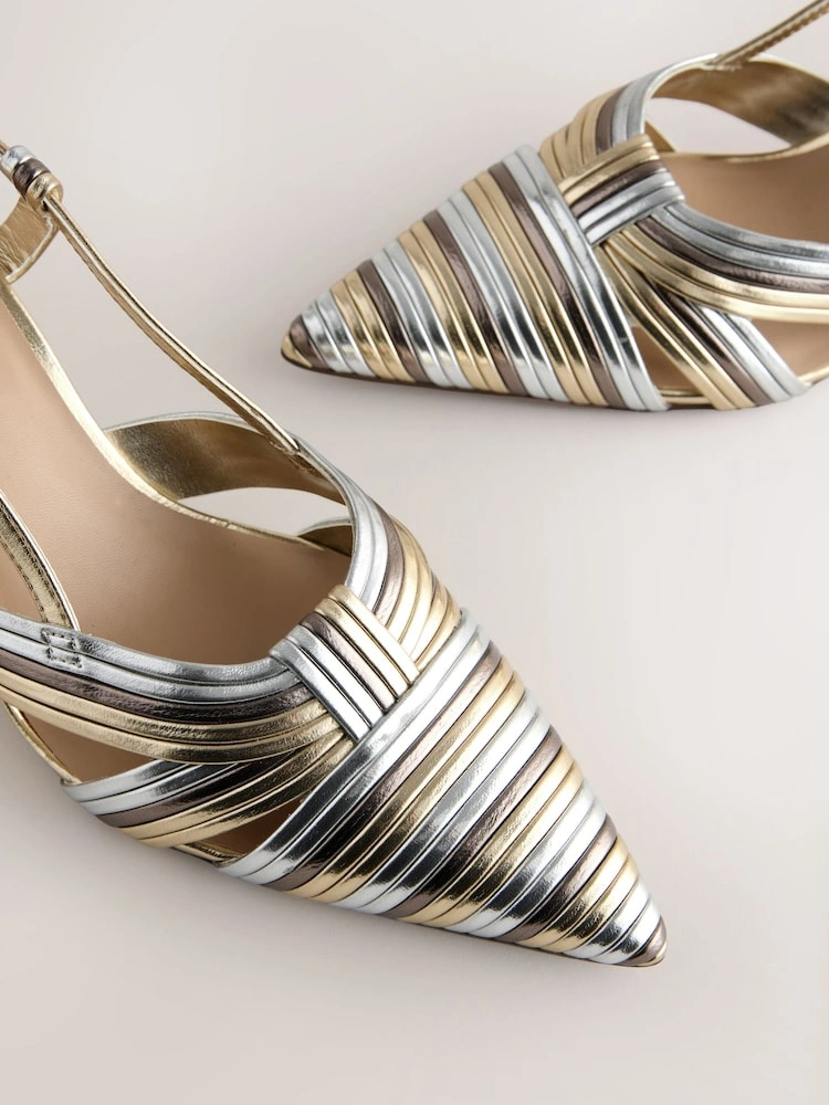 Metallic Textured Pointed Toe Slingback Heels image 5
