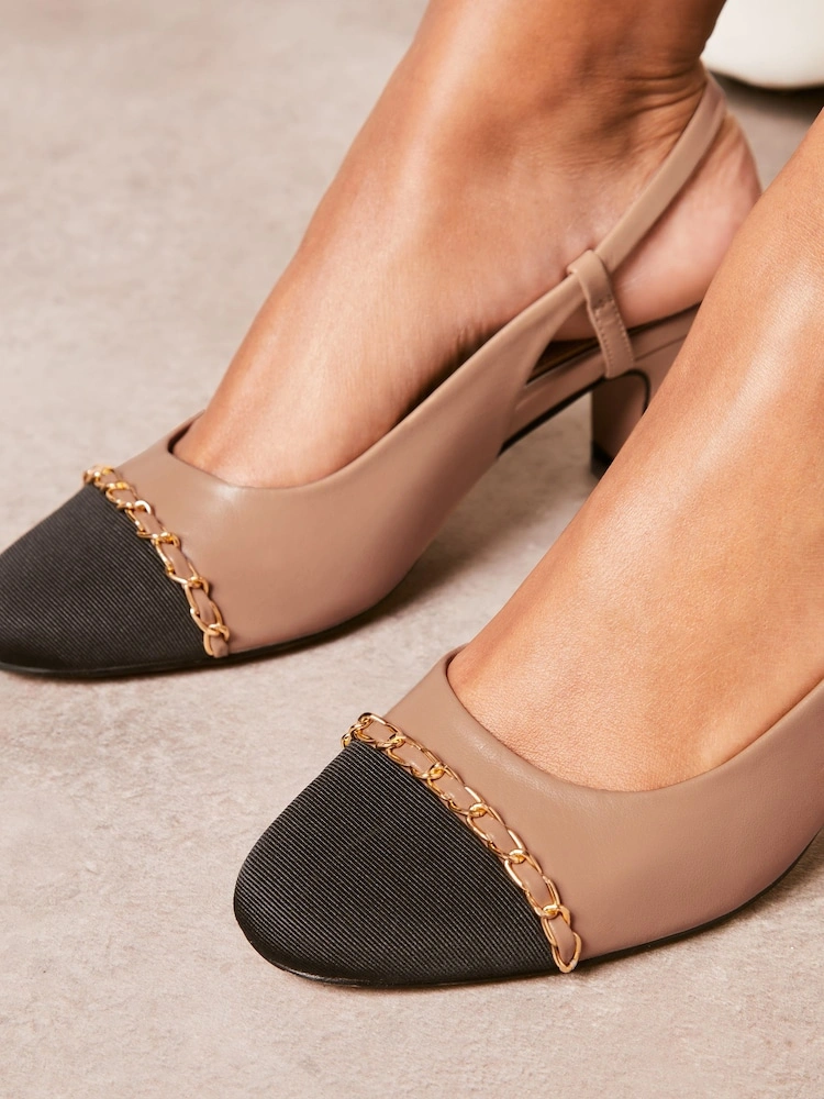Nude Slingback Block Heel Court Shoes with Chain Detail image 3