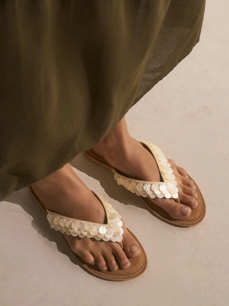 Bone & Cream Shell Detail Thong Sandals
