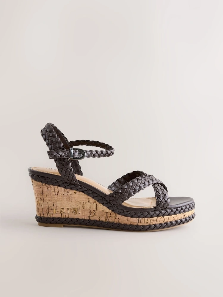 Chocolate Brown Plait Crossover Wedge Sandals