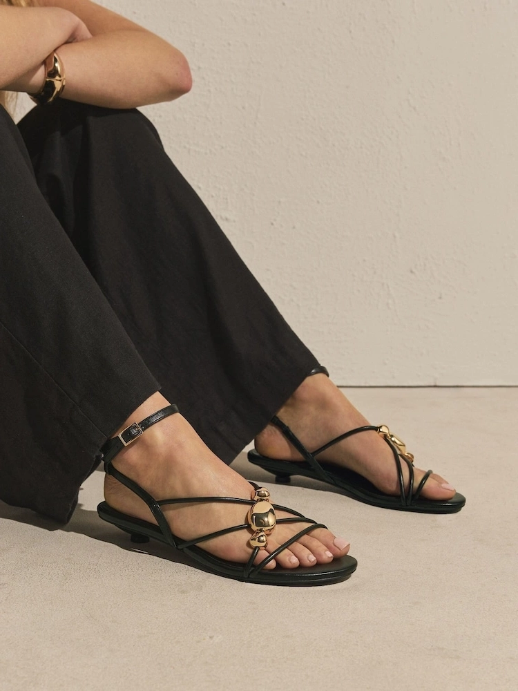 Black Strappy Buckle Mini Heel Sandals