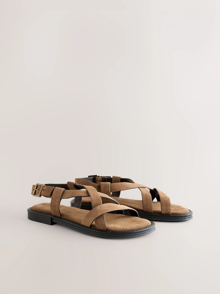 Tan Suede Cross Strap Comfort Sandals