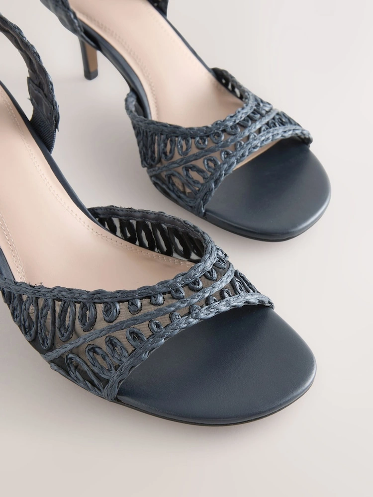 Navy Raffia Peep-Toe Mid Heel Sandals image 5