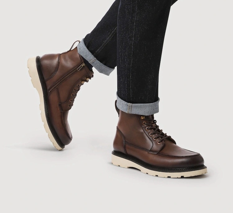 Brown Chunky Leather Lace-Up Boots with Side Zip