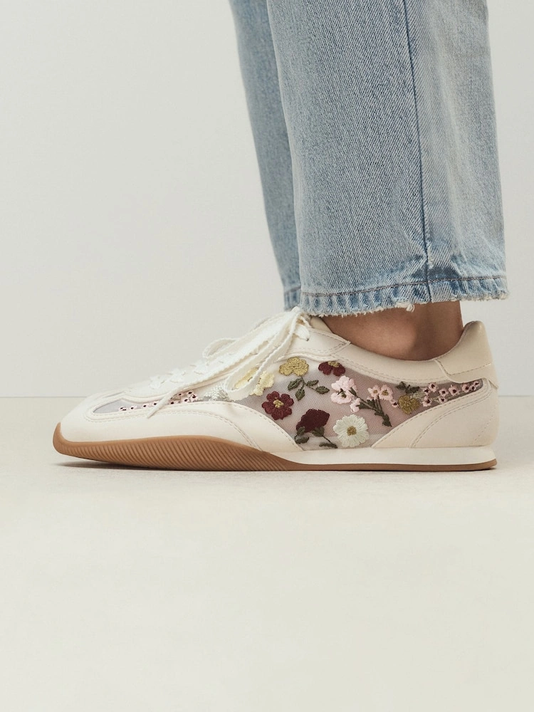 White Floral Embroidered Slim Sole Trainers image 5