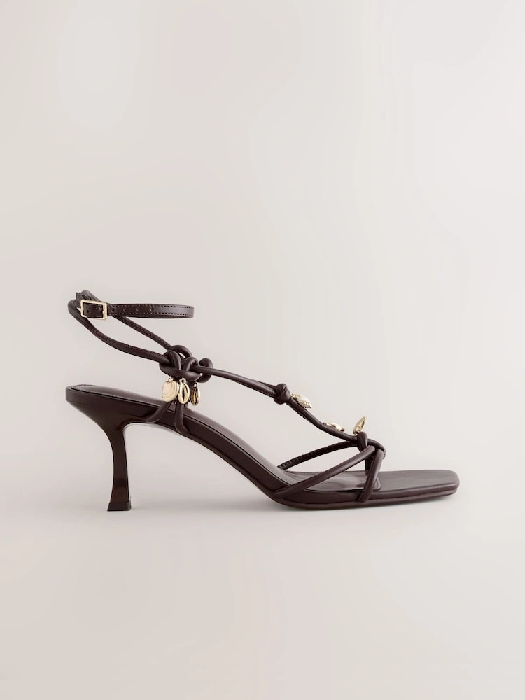 Chocolate Brown Square Toe Charm Mid Heel Sandals
