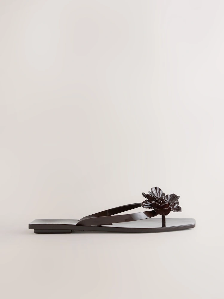 Chocolate Brown Flower Trim Square Toe Flip Flops image 4