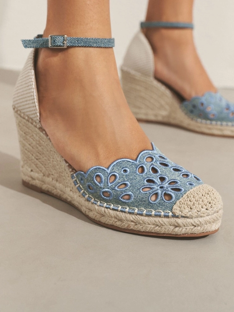 Denim Broderie Closed-Toe Wedge Sandals