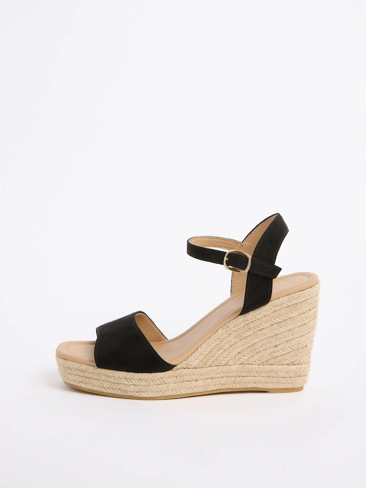 Black Faux Suede Peep-Toe Espadrille Wedge Sandals image 4