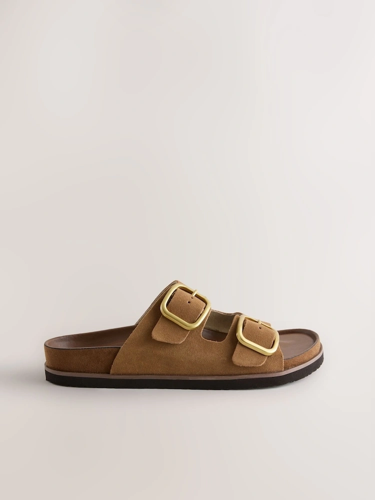 Tan Suede Double Strap Footbed Sandals