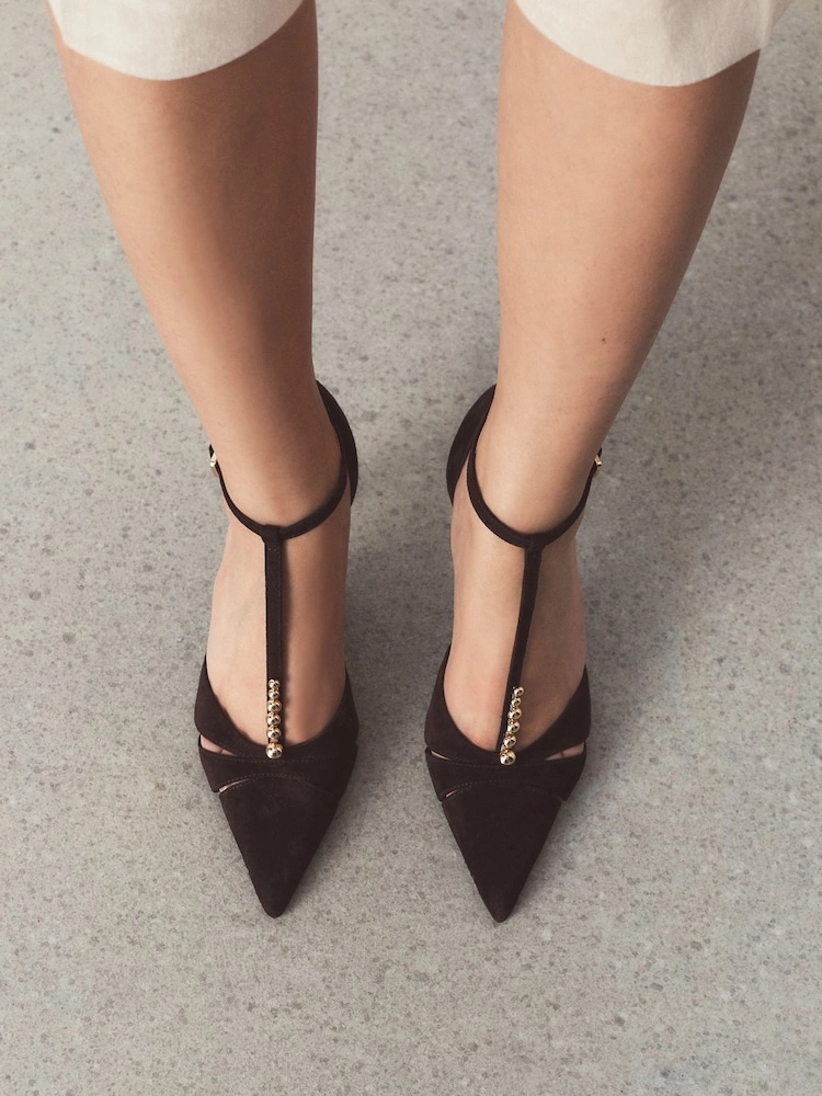 Tan Brown Suede T-Bar Embellished Heels image 7