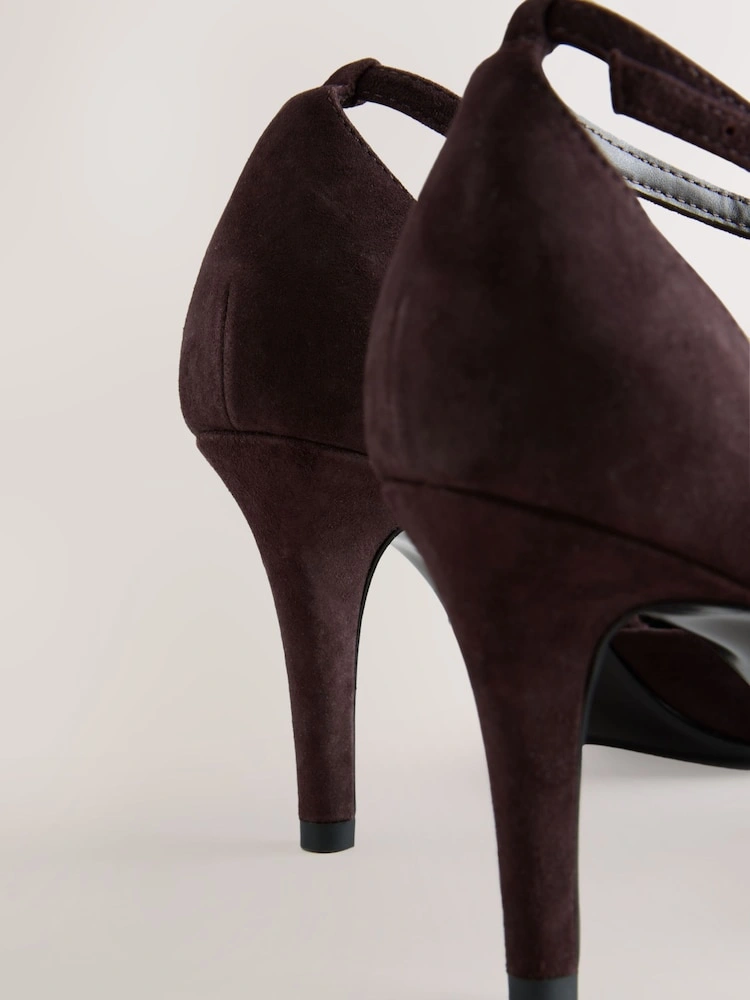 Tan Brown Suede T-Bar Embellished Heels image 6