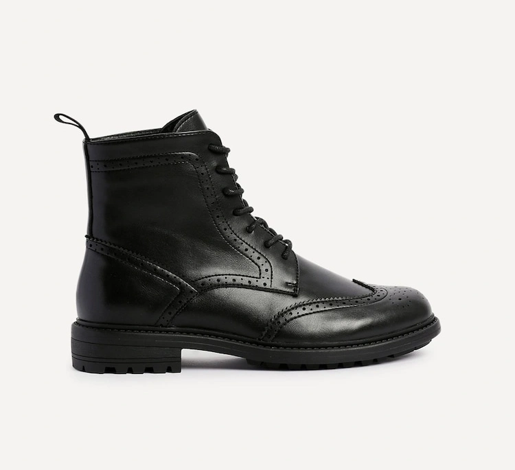 Black Brogue Wingtip Lace-Up Boots