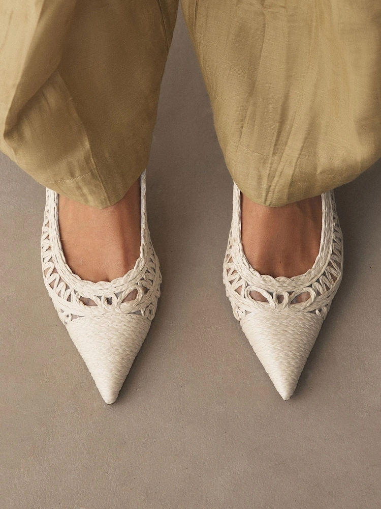 White Raffia Pointed Toe Slingback Heels image 6
