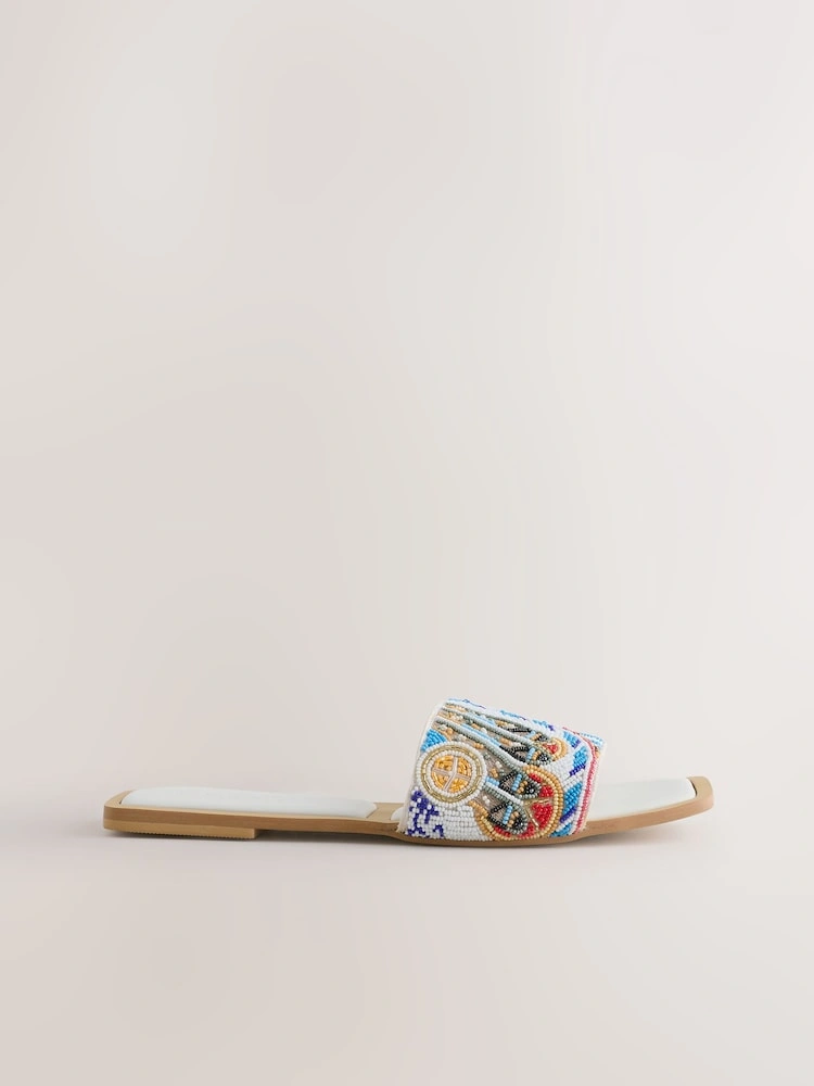 White Beaded Square Toe Mule Sandals image 5