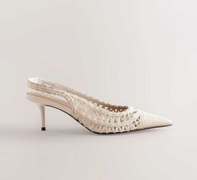 White Raffia Pointed Toe Slingback Heels