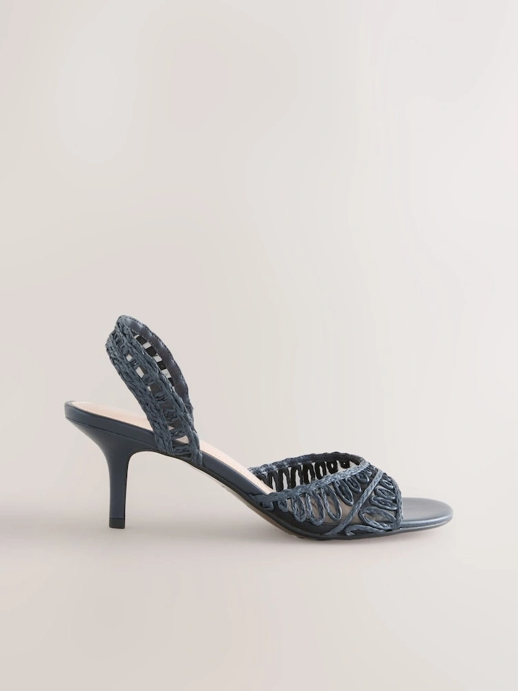 Navy Raffia Peep-Toe Mid Heel Sandals