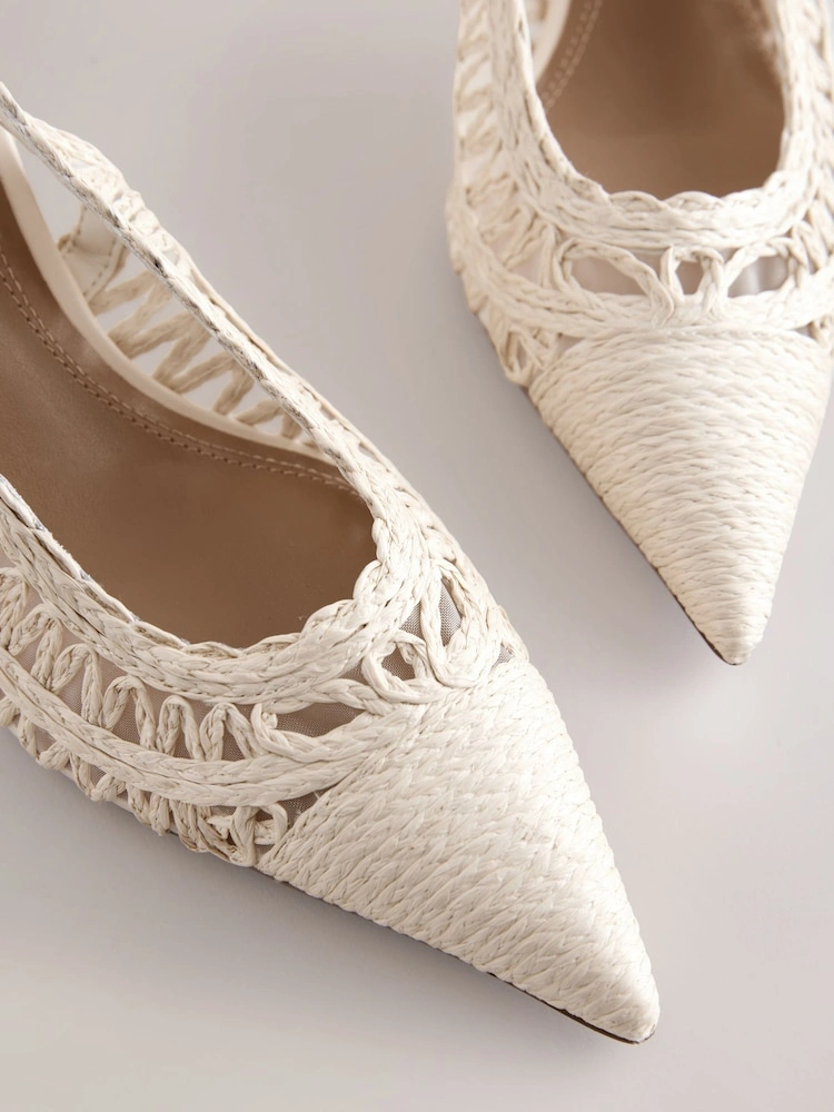 White Raffia Pointed Toe Slingback Heels image 5