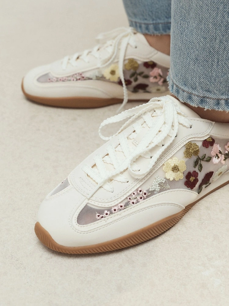 White Floral Embroidered Slim Sole Trainers image 3